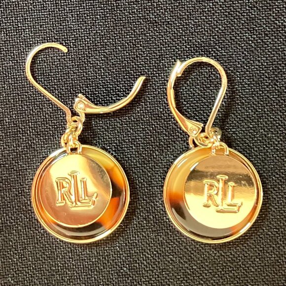 Lauren by Ralph Lauren Tortoise Round with Logo Charm Drop Earrings - Picture 3 of 5